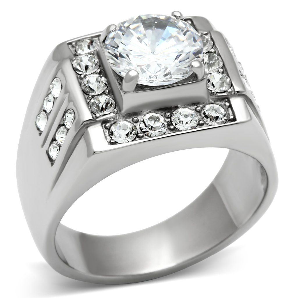 Men's stainless steel ring featuring a clear round cubic zirconia stone with a high-polished finish.