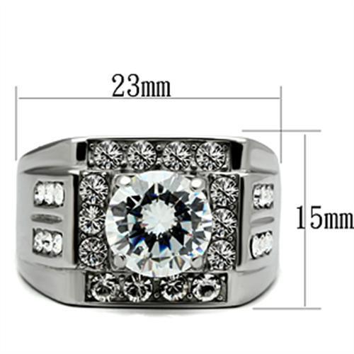 Men's stainless steel ring featuring a clear round cubic zirconia stone with a high-polished finish.