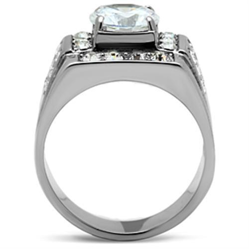 Men's stainless steel ring featuring a clear round cubic zirconia stone with a high-polished finish.