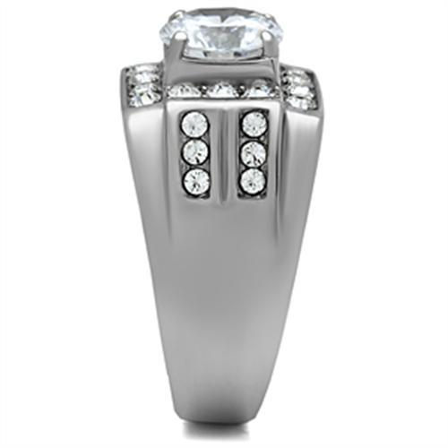 Men's stainless steel ring featuring a clear round cubic zirconia stone with a high-polished finish.