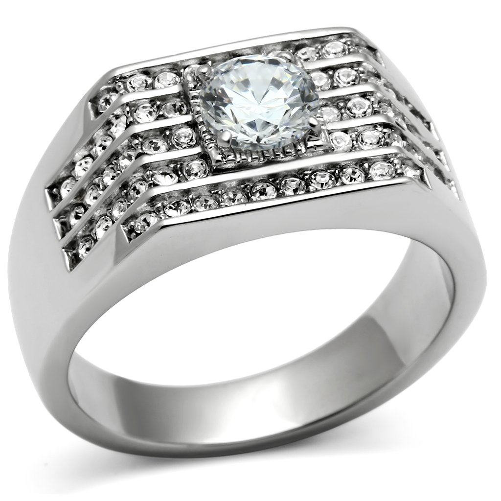 Men's stainless steel ring featuring clear cubic zirconia stones in a high-polished finish, showcasing a modern and elegant design.