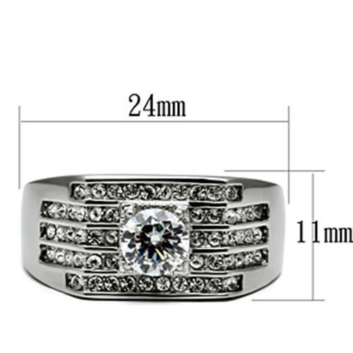 Men's stainless steel ring featuring clear cubic zirconia stones in a high-polished finish, showcasing a modern and elegant design.