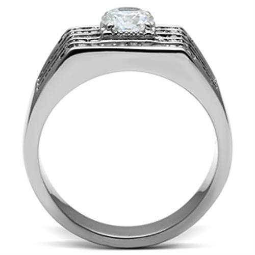 Men's stainless steel ring featuring clear cubic zirconia stones in a high-polished finish, showcasing a modern and elegant design.