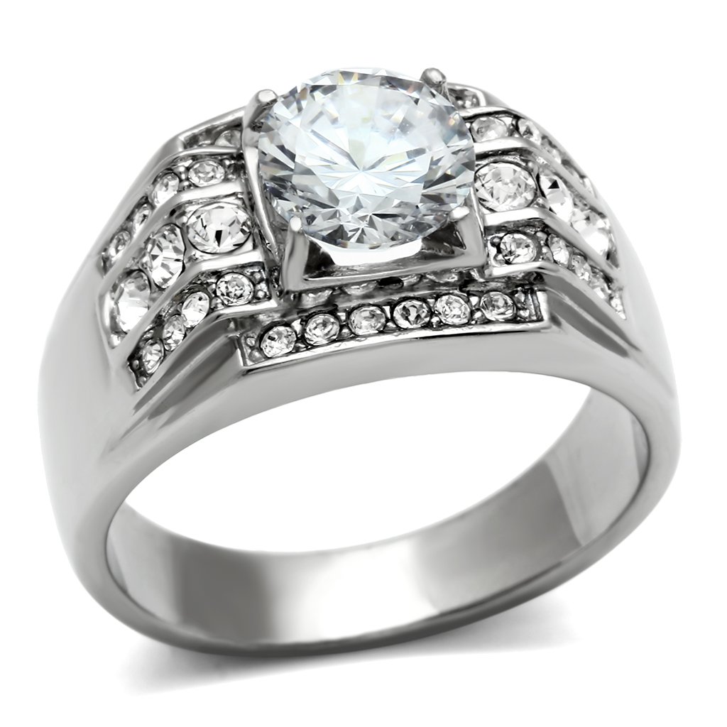 Men's stainless steel ring featuring clear round cubic zirconia stones, high polished finish, stylish and durable design.