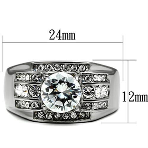 Men's stainless steel ring featuring clear round cubic zirconia stones, high polished finish, stylish and durable design.