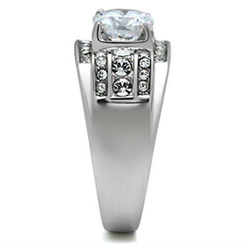 Men's stainless steel ring featuring clear round cubic zirconia stones, high polished finish, stylish and durable design.