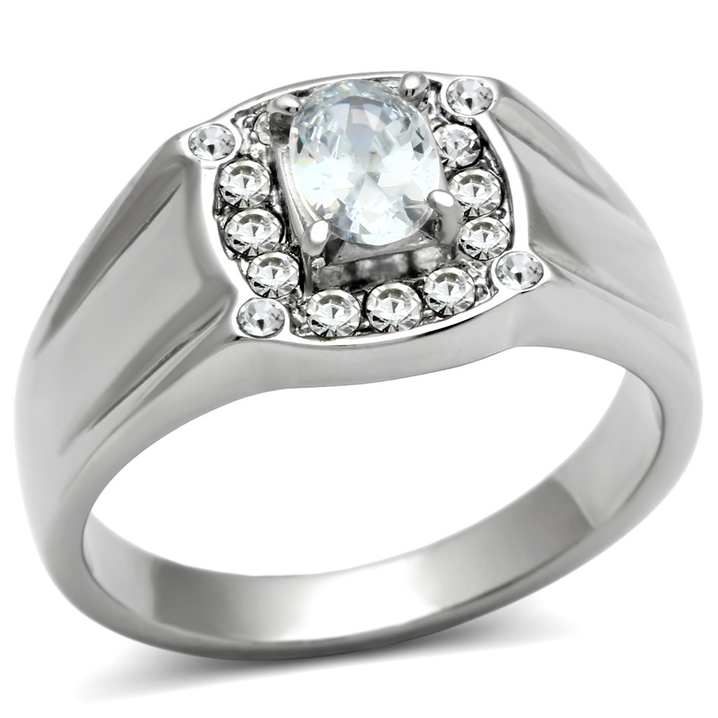 Men's stainless steel ring featuring clear cubic zirconia stones, high polished finish, stylish and durable design.