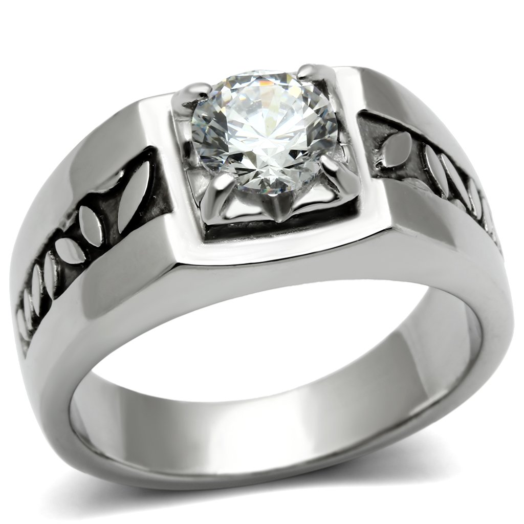 Men's stainless steel ring featuring clear round cubic zirconia, high-polished finish, elegant design.