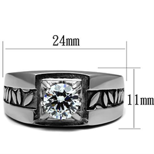 Men's stainless steel ring featuring clear round cubic zirconia, high-polished finish, elegant design.