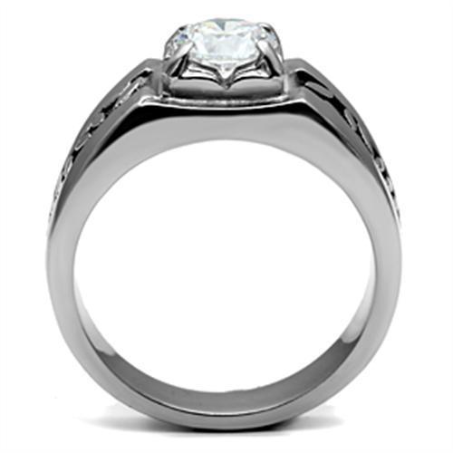 Men's stainless steel ring featuring clear round cubic zirconia, high-polished finish, elegant design.