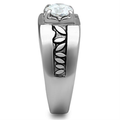 Men's stainless steel ring featuring clear round cubic zirconia, high-polished finish, elegant design.