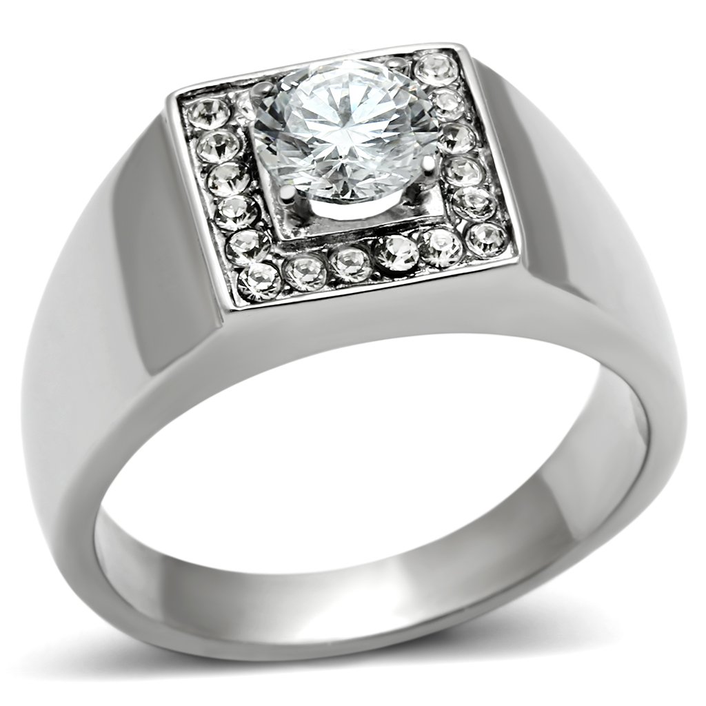 Men's stainless steel ring featuring clear cubic zirconia stones with a high polished finish.