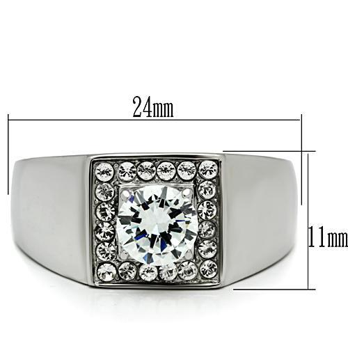 Men's stainless steel ring featuring clear cubic zirconia stones with a high polished finish.