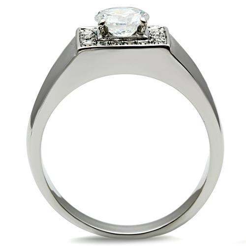 Men's stainless steel ring featuring clear cubic zirconia stones with a high polished finish.