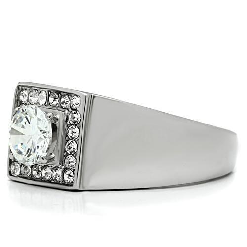 Men's stainless steel ring featuring clear cubic zirconia stones with a high polished finish.