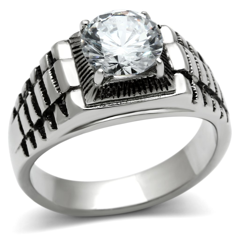 Men's stainless steel ring with cubic zirconia stones, high-polished finish, elegant design.