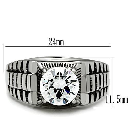 Men's stainless steel ring with cubic zirconia stones, high-polished finish, elegant design.