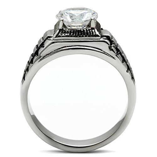 Men's stainless steel ring with cubic zirconia stones, high-polished finish, elegant design.