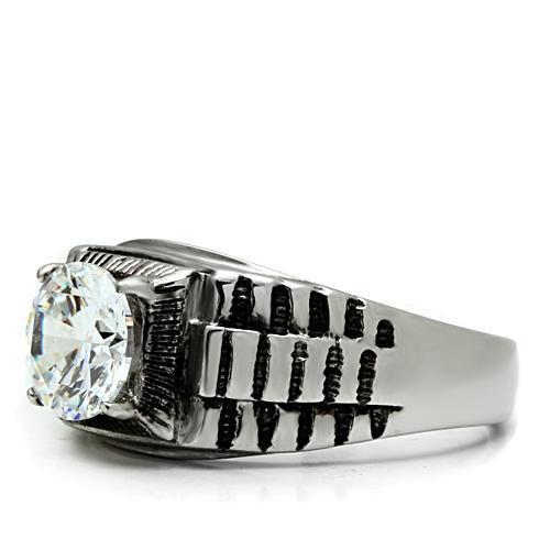 Men's stainless steel ring with cubic zirconia stones, high-polished finish, elegant design.