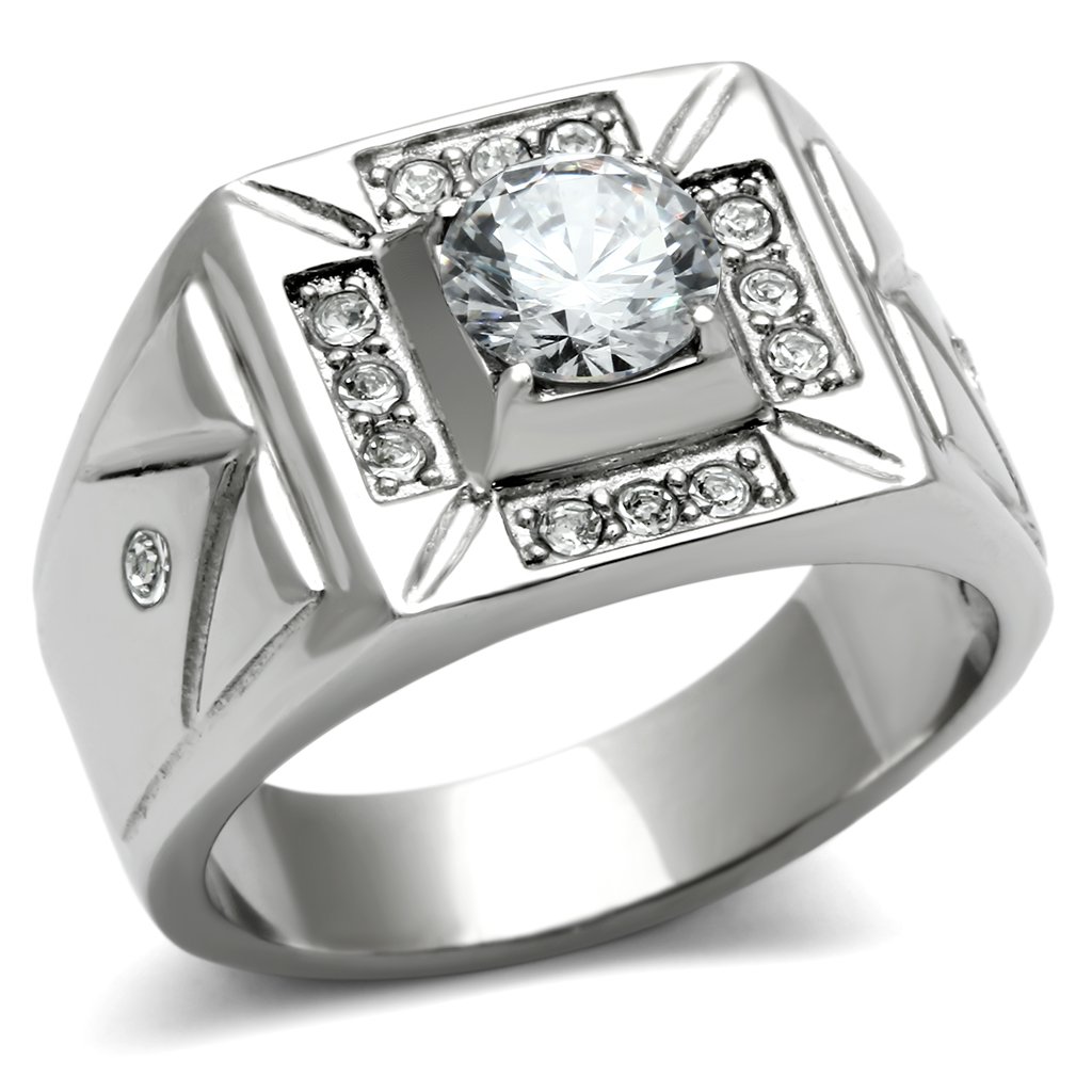 Men's stainless steel ring featuring clear cubic zirconia stones, high polished finish, elegant and durable design.