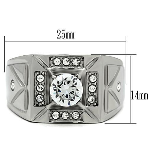 Men's stainless steel ring featuring clear cubic zirconia stones, high polished finish, elegant and durable design.