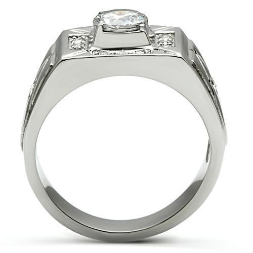 Men's stainless steel ring featuring clear cubic zirconia stones, high polished finish, elegant and durable design.