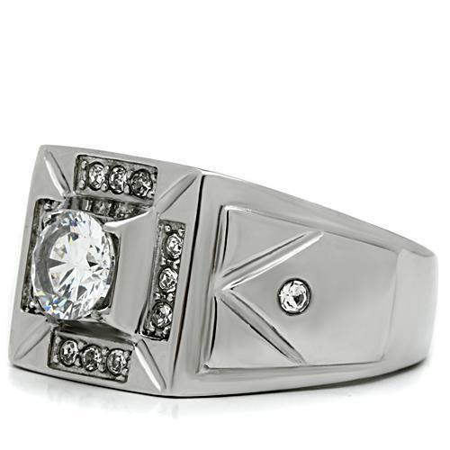 Men's stainless steel ring featuring clear cubic zirconia stones, high polished finish, elegant and durable design.