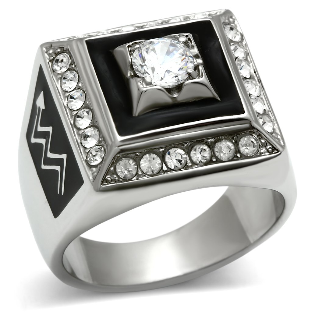 Men's stainless steel ring featuring clear cubic zirconia, high polished finish, elegant design.