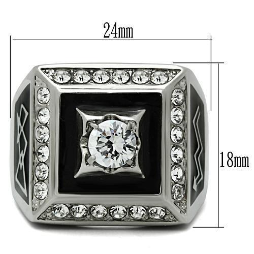 Men's stainless steel ring featuring clear cubic zirconia, high polished finish, elegant design.