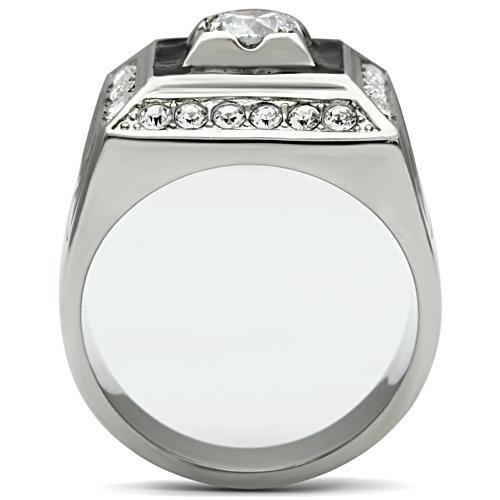 Men's stainless steel ring featuring clear cubic zirconia, high polished finish, elegant design.