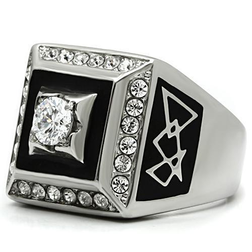 Men's stainless steel ring featuring clear cubic zirconia, high polished finish, elegant design.