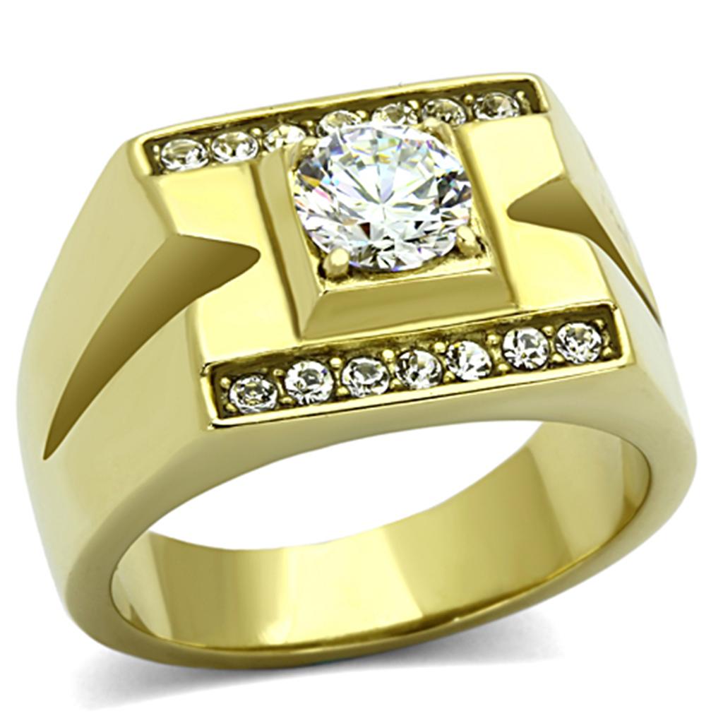 Men's stainless steel ring with cubic zirconia stones and IP gold finish, showcasing a modern and elegant design.