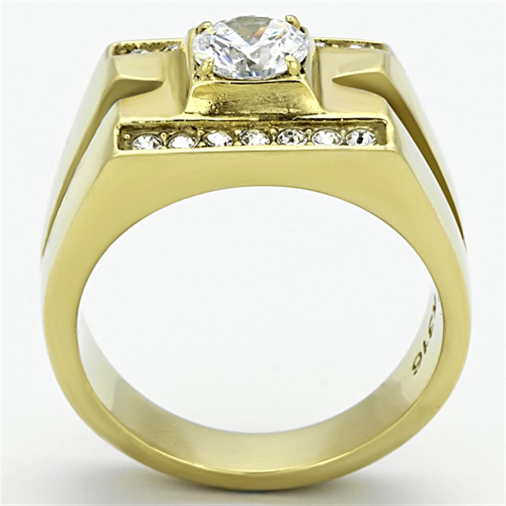 Men's stainless steel ring with cubic zirconia stones and IP gold finish, showcasing a modern and elegant design.