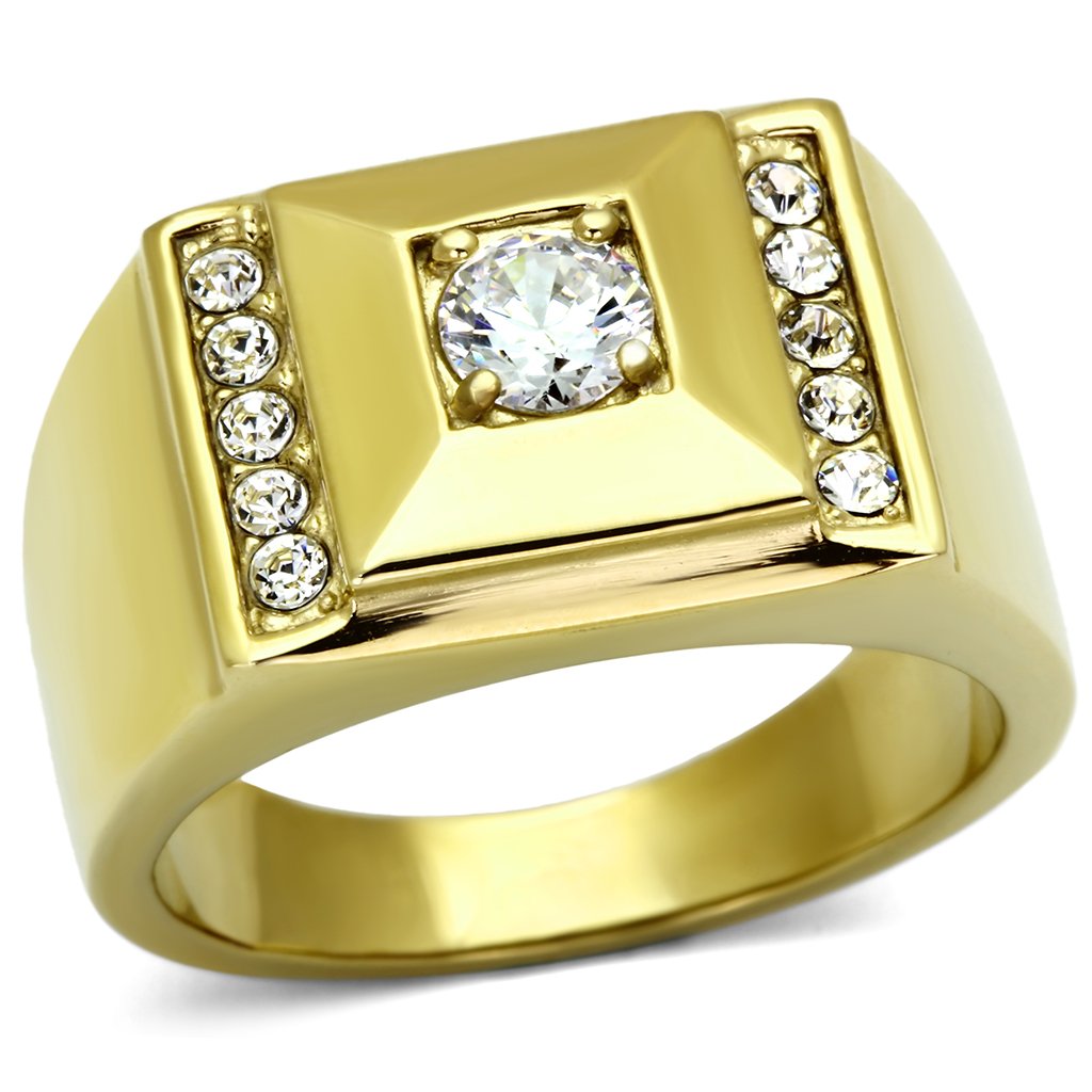 Men's stainless steel ring with cubic zirconia accents and IP gold ion plating, showcasing a modern and elegant design.