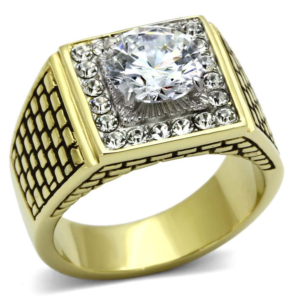 Men's stainless steel ring with cubic zirconia stones and two-tone gold finish, showcasing elegance and durability.