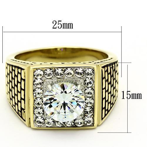 Men's stainless steel ring with cubic zirconia stones and two-tone gold finish, showcasing elegance and durability.