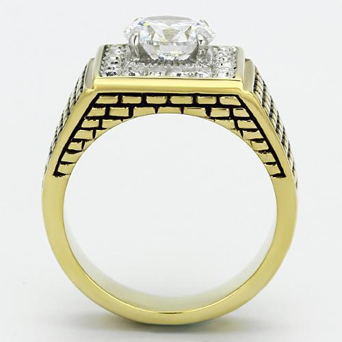 Men's stainless steel ring with cubic zirconia stones and two-tone gold finish, showcasing elegance and durability.