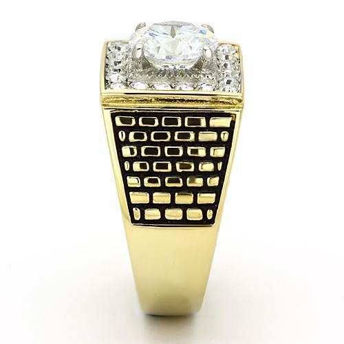 Men's stainless steel ring with cubic zirconia stones and two-tone gold finish, showcasing elegance and durability.