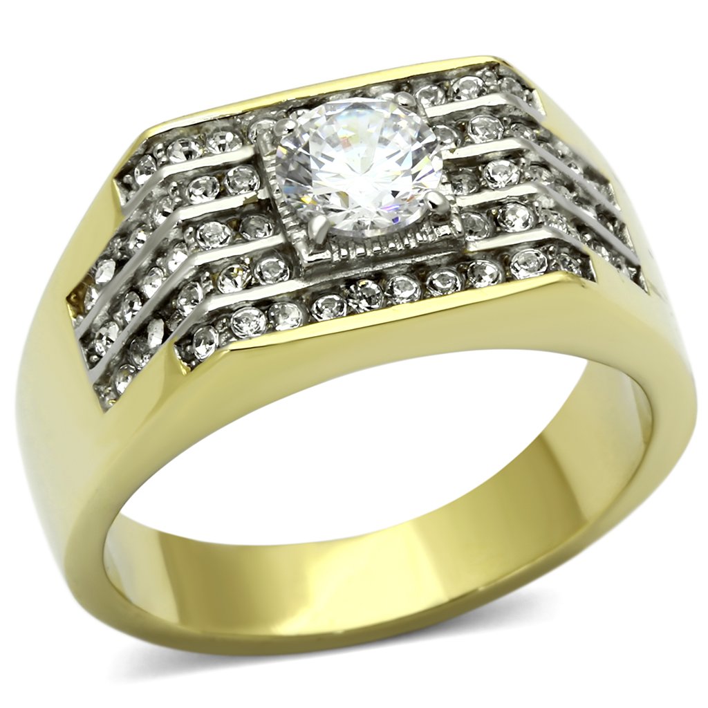 Men's stainless steel ring with cubic zirconia stones and two-tone gold finish, showcasing elegance and durability.