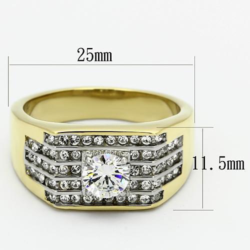 Men's stainless steel ring with cubic zirconia stones and two-tone gold finish, showcasing elegance and durability.