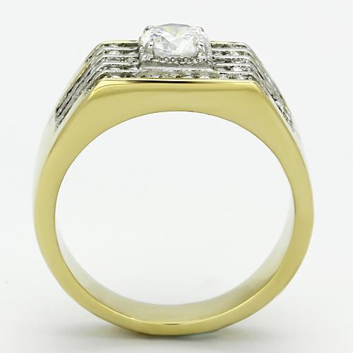 Men's stainless steel ring with cubic zirconia stones and two-tone gold finish, showcasing elegance and durability.