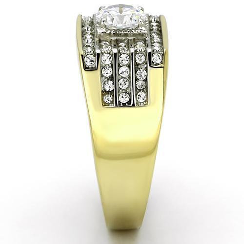 Men's stainless steel ring with cubic zirconia stones and two-tone gold finish, showcasing elegance and durability.