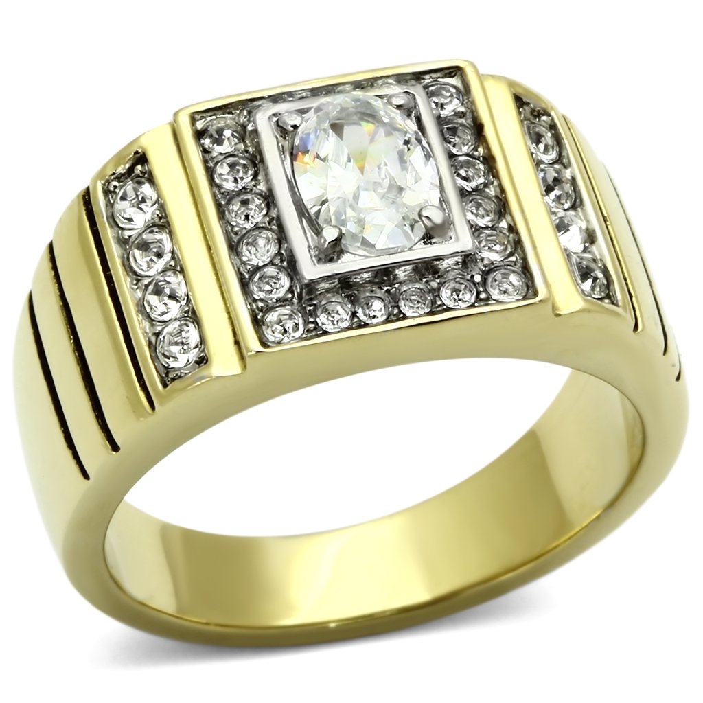 Men's stainless steel ring with cubic zirconia, featuring a two-tone IP gold finish, stylish and durable design.