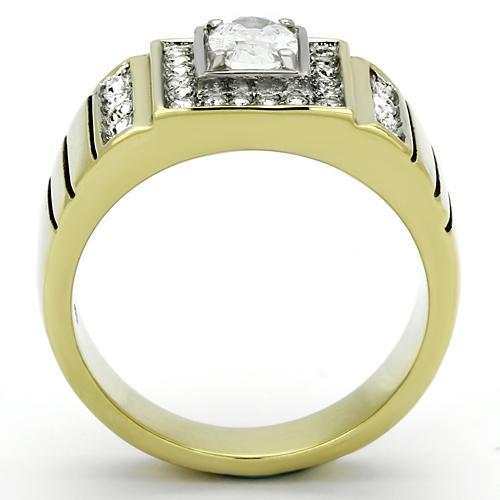 Men's stainless steel ring with cubic zirconia, featuring a two-tone IP gold finish, stylish and durable design.