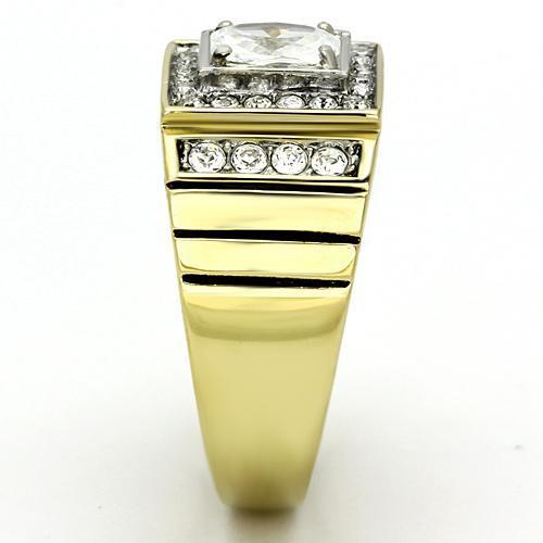 Men's stainless steel ring with cubic zirconia, featuring a two-tone IP gold finish, stylish and durable design.