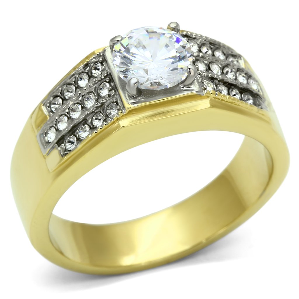 Men's stainless steel ring with cubic zirconia accents and two-tone gold finish.