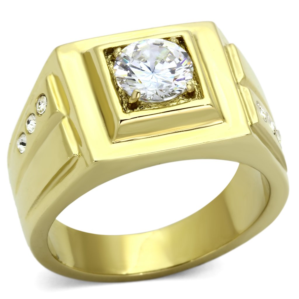 Men's stainless steel ring with cubic zirconia accents and IP gold ion plating, showcasing a modern and elegant design.