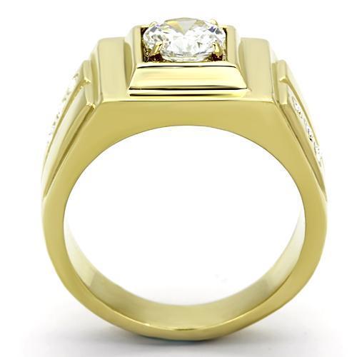 Men's stainless steel ring with cubic zirconia accents and IP gold ion plating, showcasing a modern and elegant design.