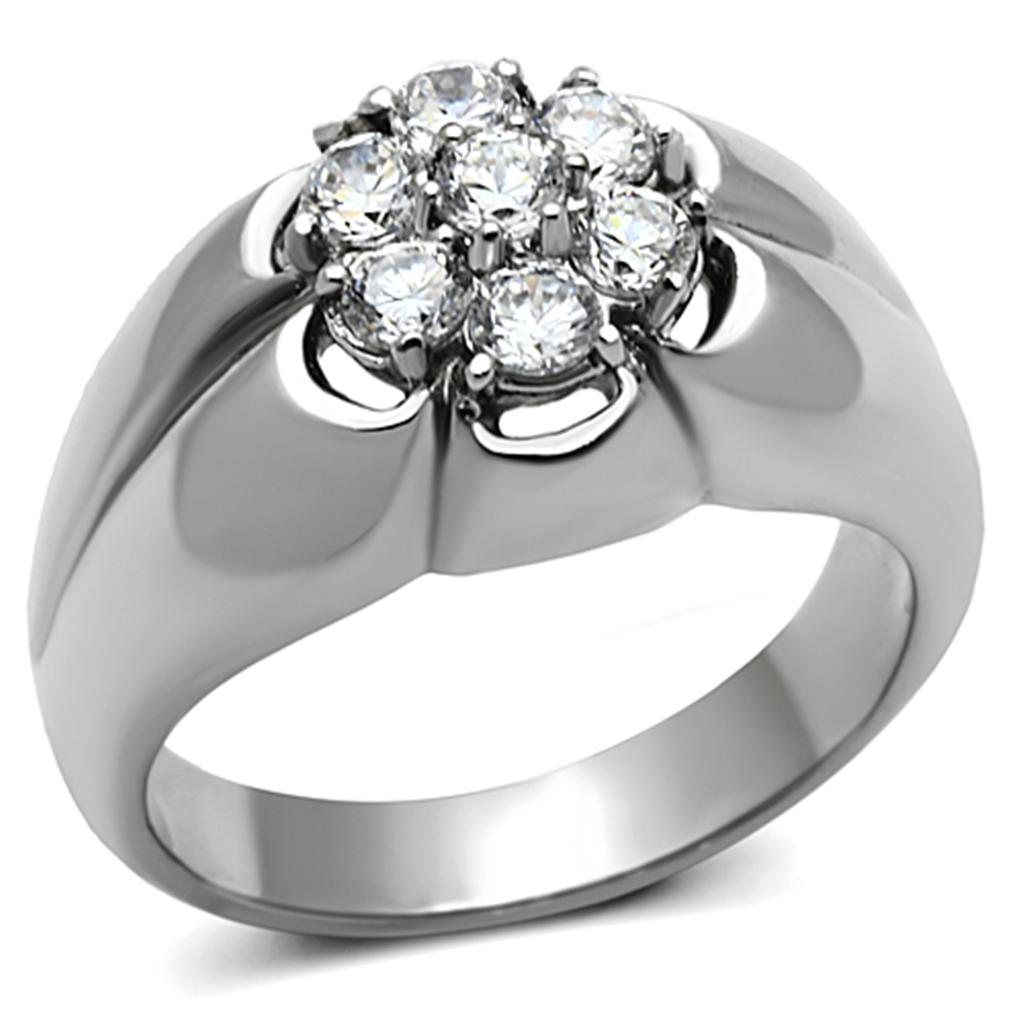 Men's stainless steel ring featuring clear round cubic zirconia, high polished finish, stylish and durable design.