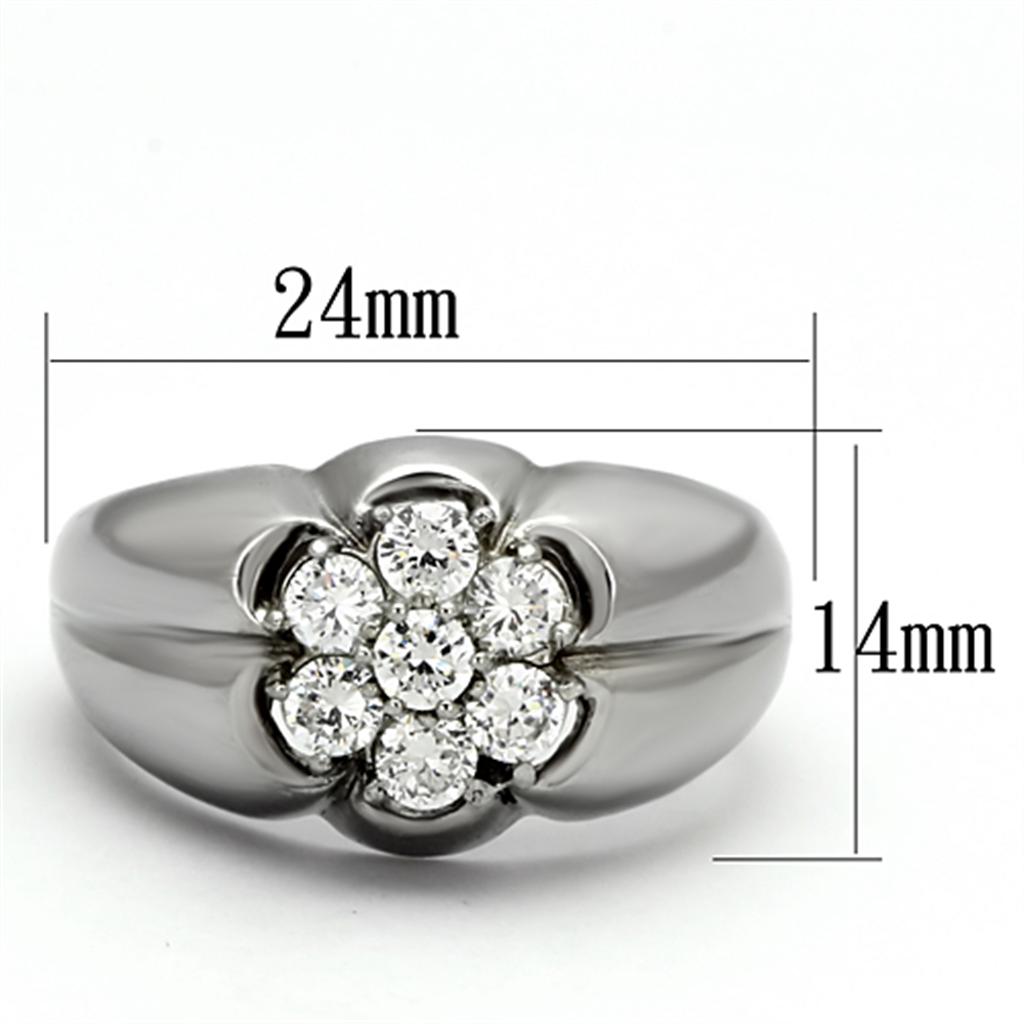 Men's stainless steel ring featuring clear round cubic zirconia, high polished finish, stylish and durable design.